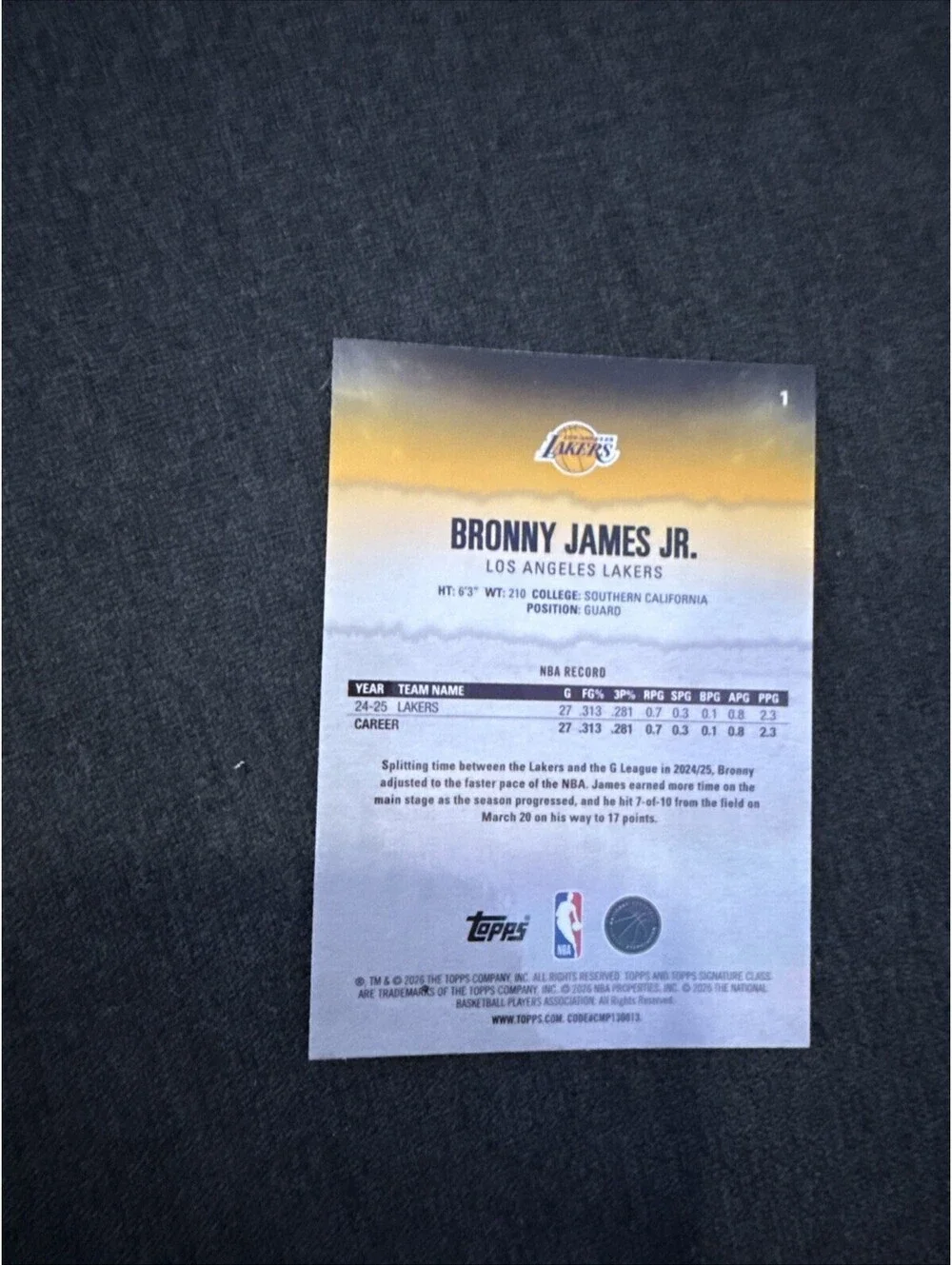 Topps 2025-26 Bronny James Jr. Los Angeles Lakers Rookie Refractor #152